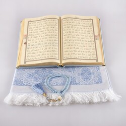 Prayer Mat + Salah Beads + Velvet Bound Quran Gift Set (Medium Size, Light Blue) - Thumbnail