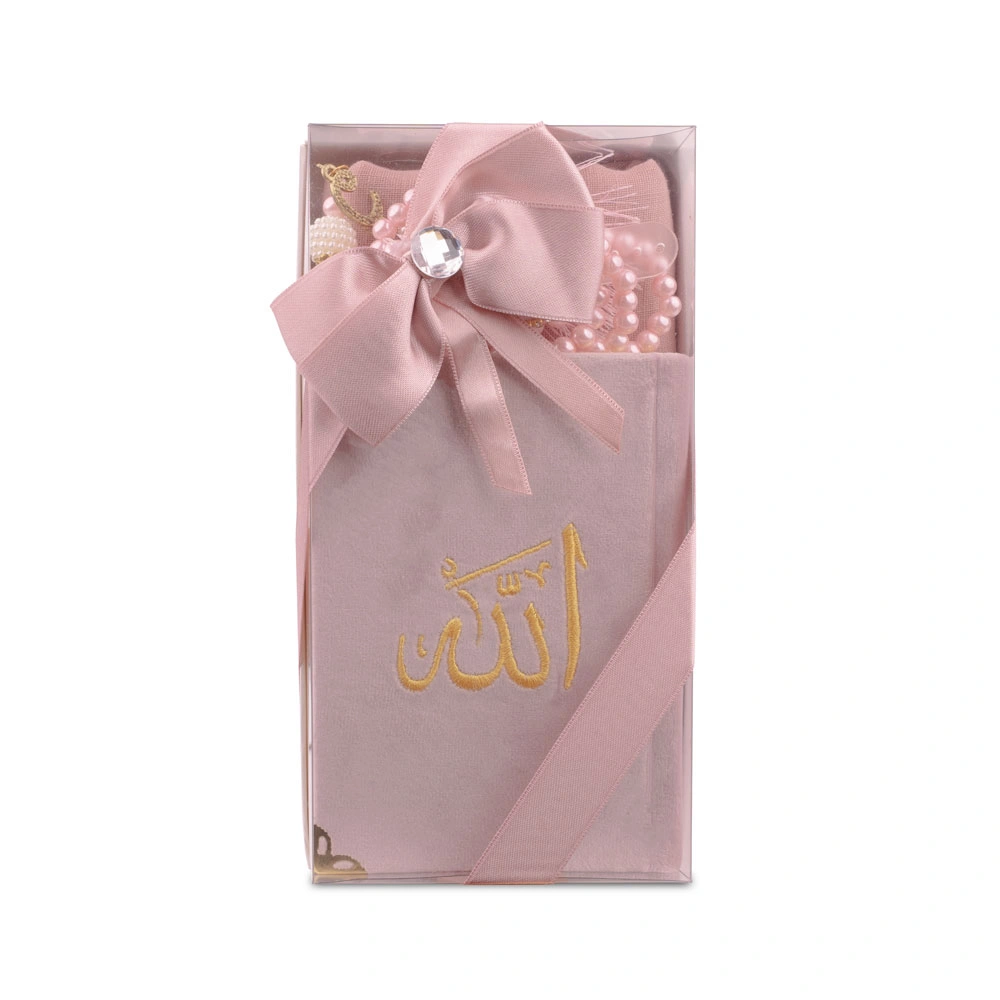 Prayer Mat + Salah Beads + Velvet Bound Quran Gift Set (Medium Size, Navy Blue)