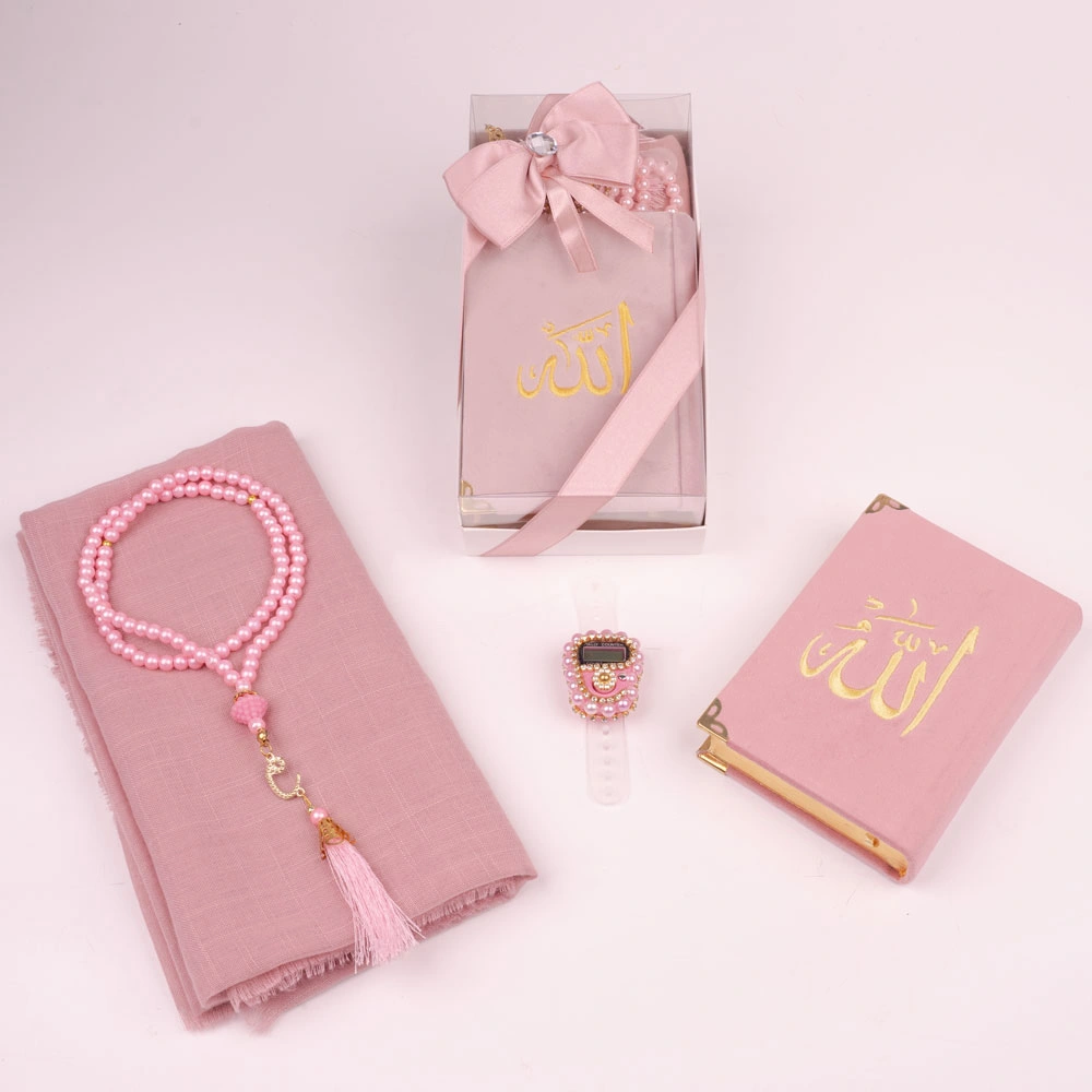 Prayer Mat + Salah Beads + Velvet Bound Quran Gift Set (Medium Size, Navy Blue) - Thumbnail