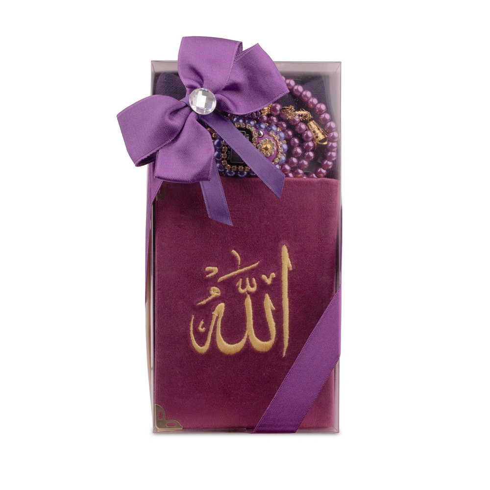 Prayer Mat + Salah Beads + Velvet Bound Quran Gift Set (Medium Size, Navy Blue) - Thumbnail