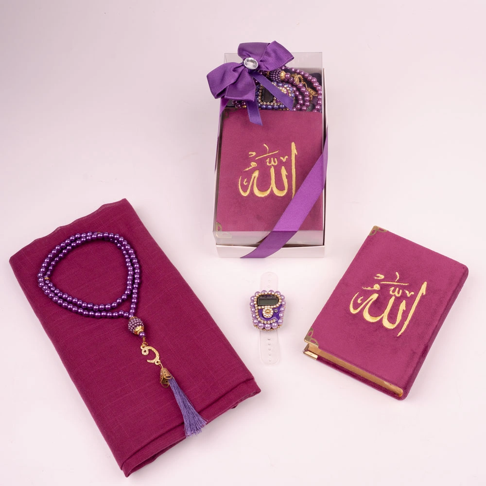 Prayer Mat + Salah Beads + Velvet Bound Quran Gift Set (Medium Size, Navy Blue)