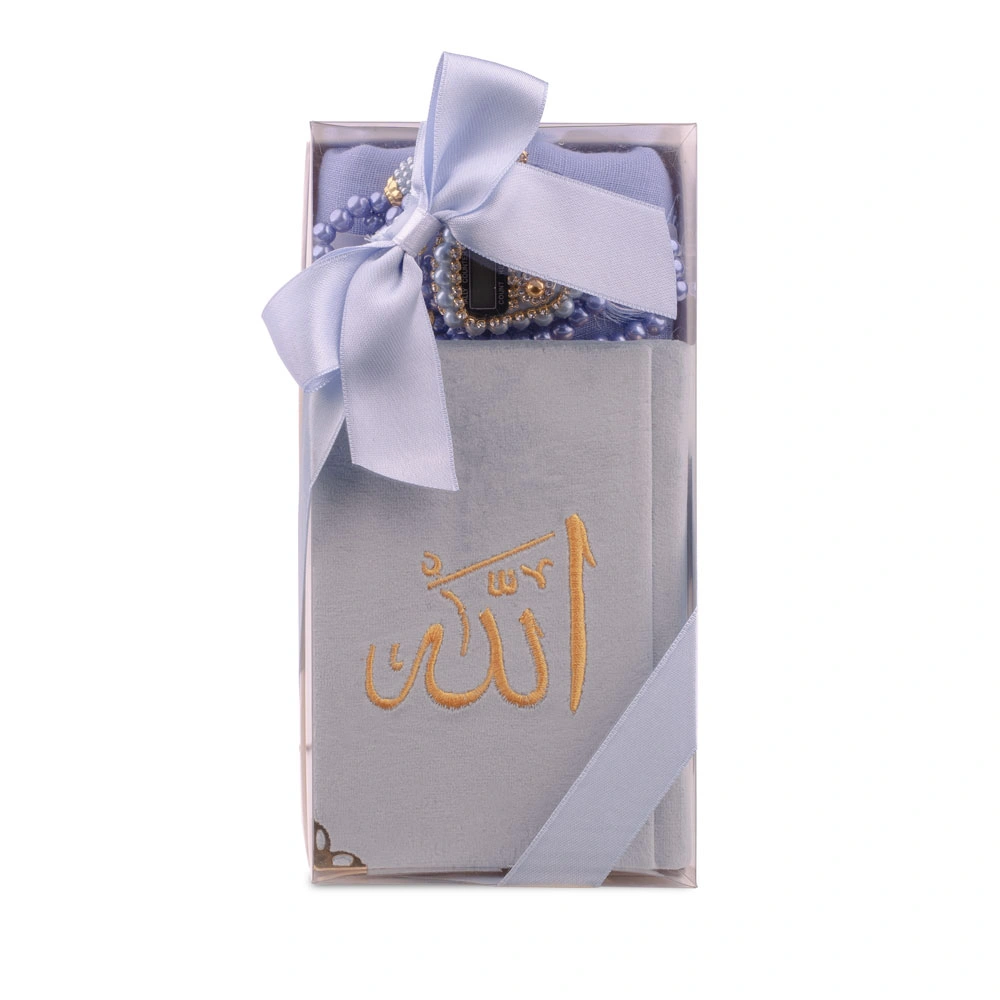 HAYRAT NEŞRİYAT - Prayer Mat + Salah Beads + Velvet Bound Quran Gift Set (Medium Size, Navy Blue)