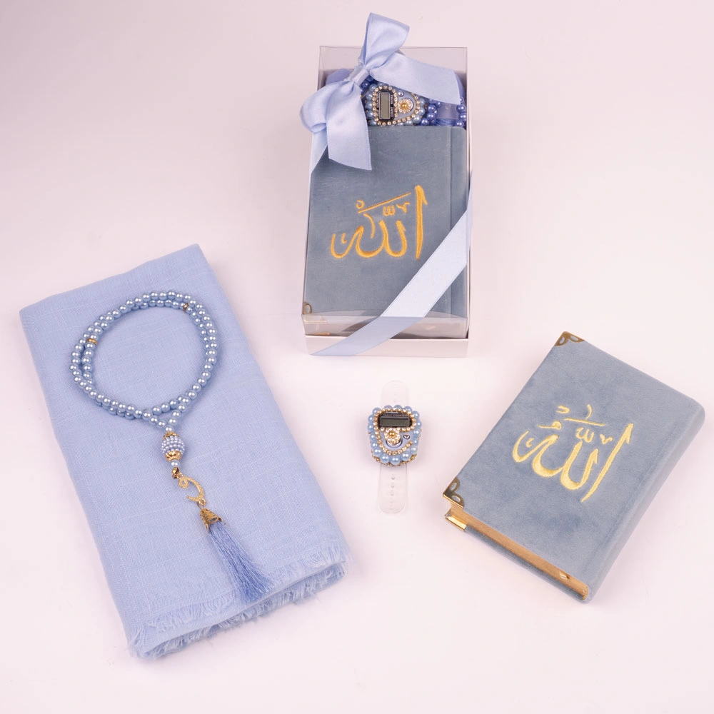 Prayer Mat + Salah Beads + Velvet Bound Quran Gift Set (Medium Size, Navy Blue)