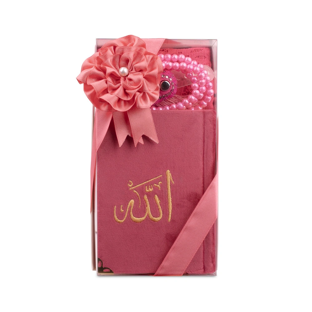 Prayer Mat + Salah Beads + Velvet Bound Quran Gift Set (Medium Size, Navy Blue)