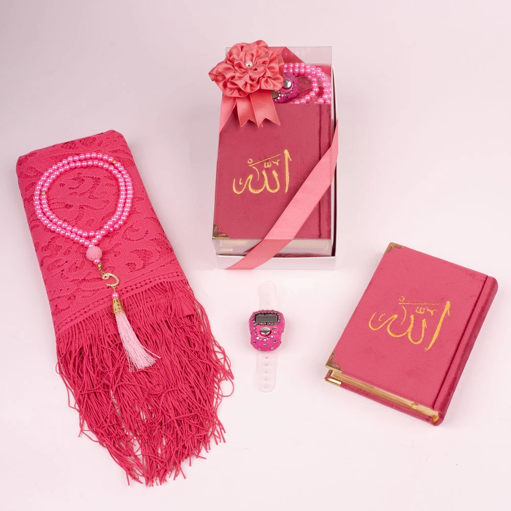 Prayer Mat + Salah Beads + Velvet Bound Quran Gift Set (Medium Size, Navy Blue)