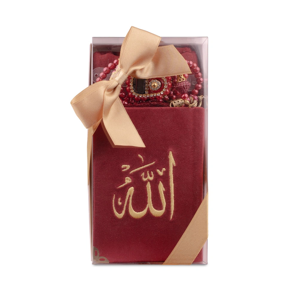 HAYRAT NEŞRİYAT - Prayer Mat + Salah Beads + Velvet Bound Quran Gift Set (Medium Size, Navy Blue)
