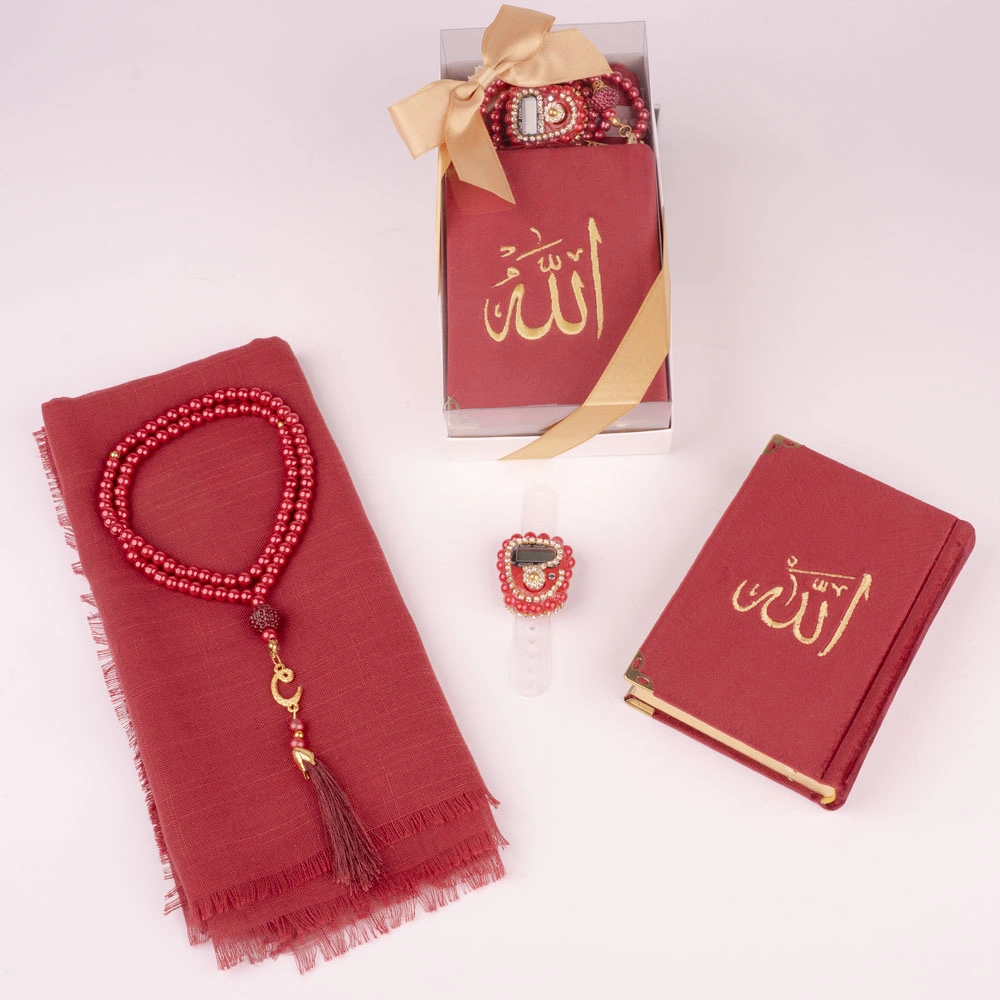 Prayer Mat + Salah Beads + Velvet Bound Quran Gift Set (Medium Size, Navy Blue)