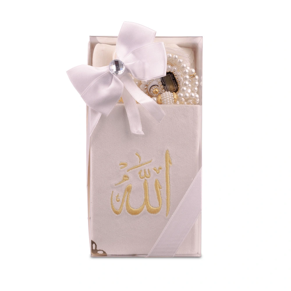 Prayer Mat + Salah Beads + Velvet Bound Quran Gift Set (Medium Size, Navy Blue)