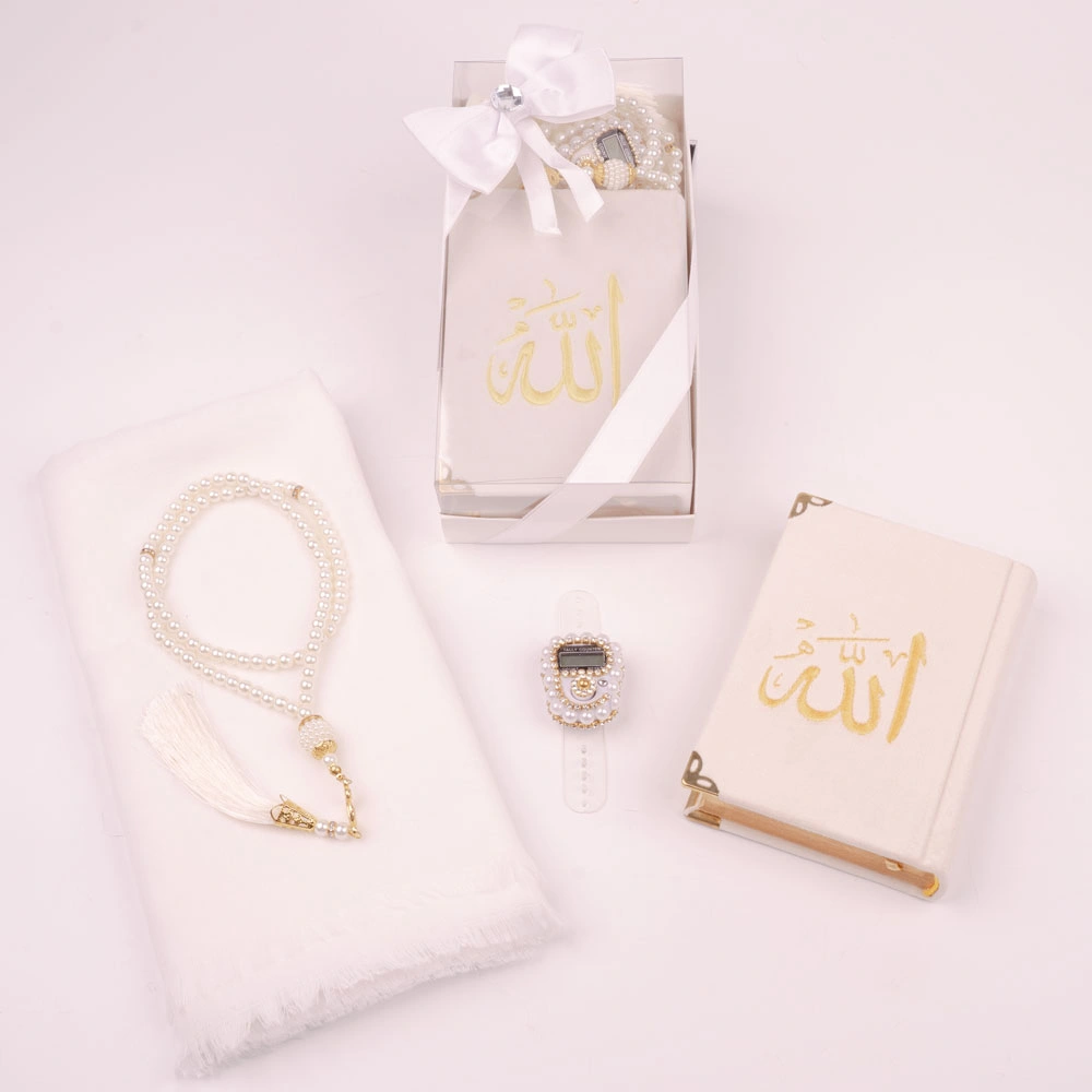 Prayer Mat + Salah Beads + Velvet Bound Quran Gift Set (Medium Size, Navy Blue) - Thumbnail