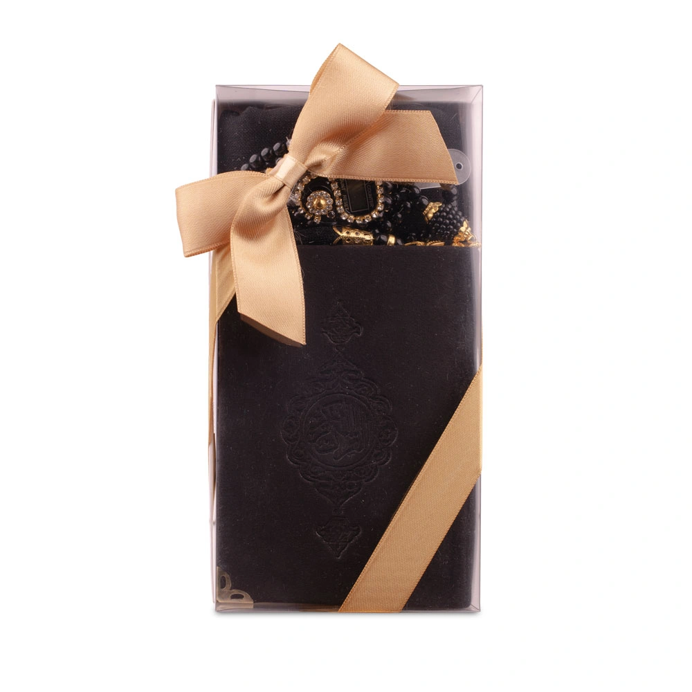 Prayer Mat + Salah Beads + Velvet Bound Quran Gift Set (Medium Size, Navy Blue)