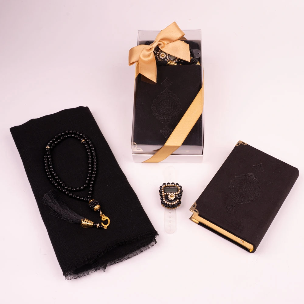 Prayer Mat + Salah Beads + Velvet Bound Quran Gift Set (Medium Size, Navy Blue)