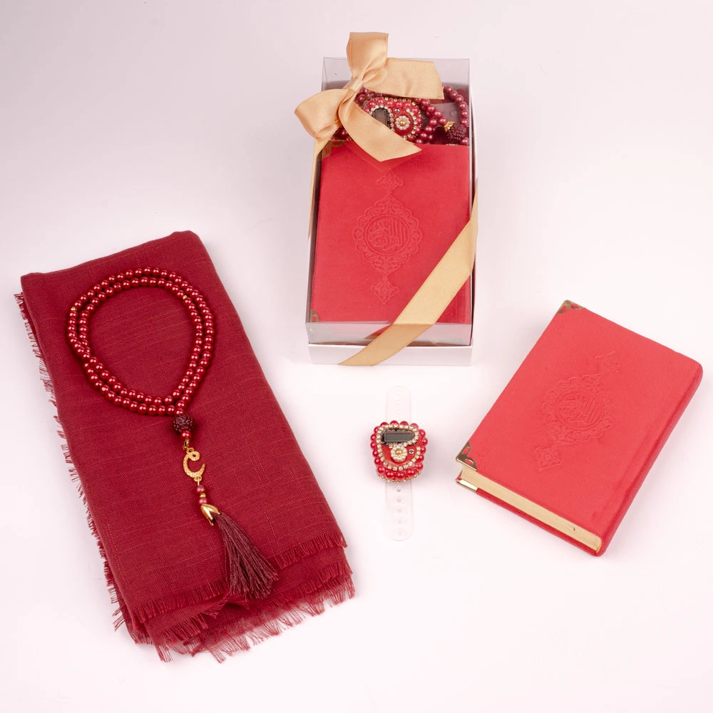 Prayer Mat + Salah Beads + Velvet Bound Quran Gift Set (Medium Size, Navy Blue) - Thumbnail