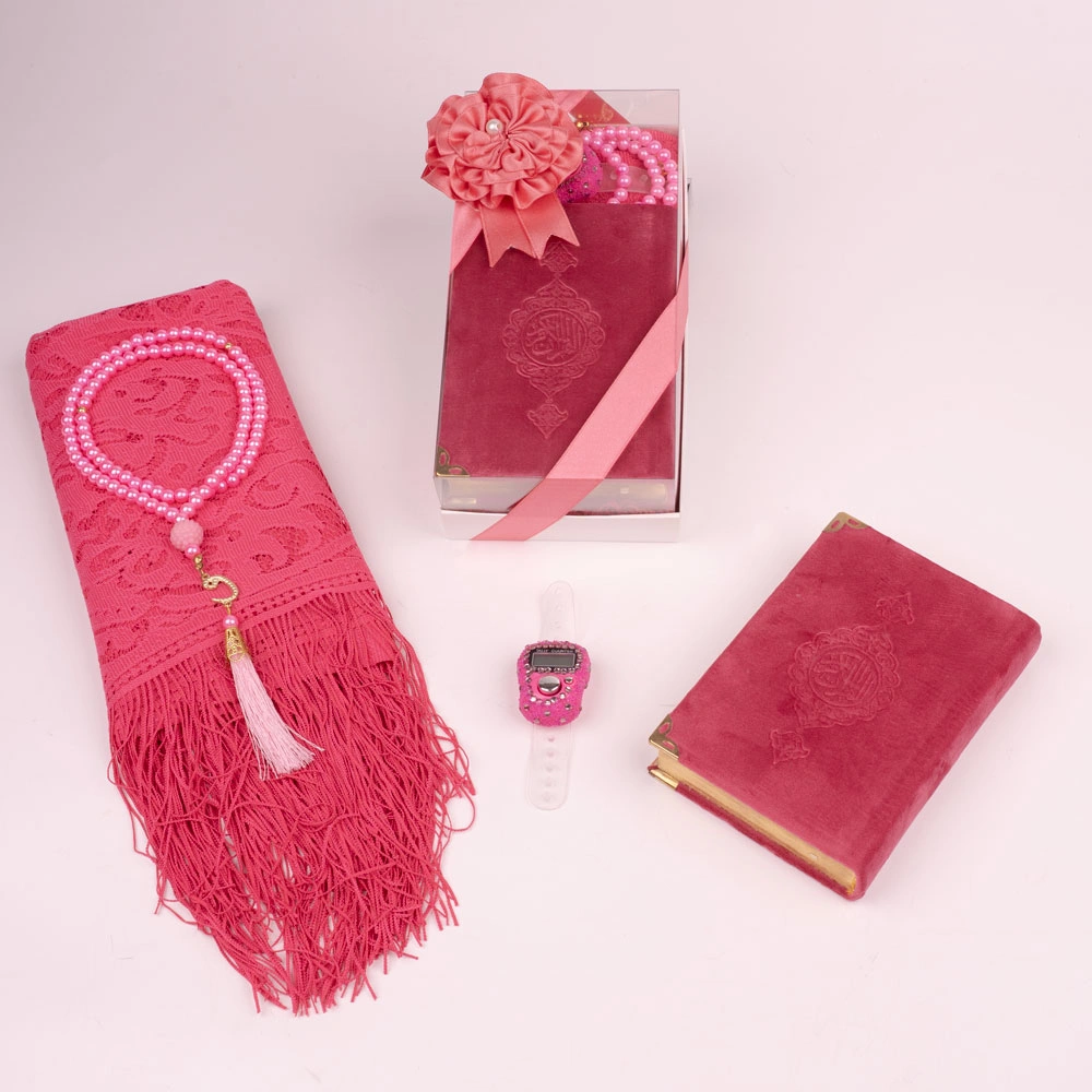 Prayer Mat + Salah Beads + Velvet Bound Quran Gift Set (Medium Size, Navy Blue)