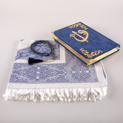 Prayer Mat + Salah Beads + Velvet Bound Quran Gift Set (Medium Size, Navy Blue) - Thumbnail