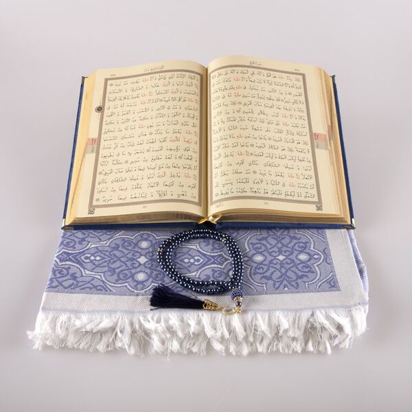 Prayer Mat + Salah Beads + Velvet Bound Quran Gift Set (Medium Size, Navy Blue)