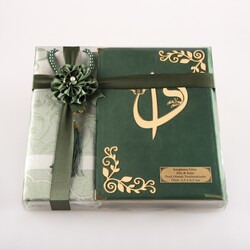 HAYRAT NEŞRİYAT - Prayer Mat + Salah Beads + Velvet Bound Quran Gift Set (Medium Size, Olive Green)