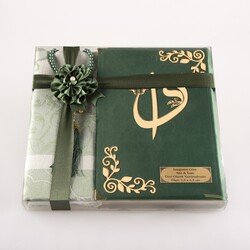 Prayer Mat + Salah Beads + Velvet Bound Quran Gift Set (Medium Size, Olive Green) - Thumbnail