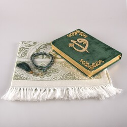 Prayer Mat + Salah Beads + Velvet Bound Quran Gift Set (Medium Size, Olive Green) - Thumbnail