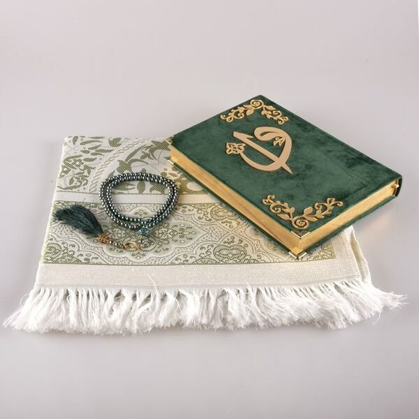 Prayer Mat + Salah Beads + Velvet Bound Quran Gift Set (Medium Size, Olive Green)