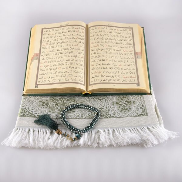 Prayer Mat + Salah Beads + Velvet Bound Quran Gift Set (Medium Size, Olive Green)