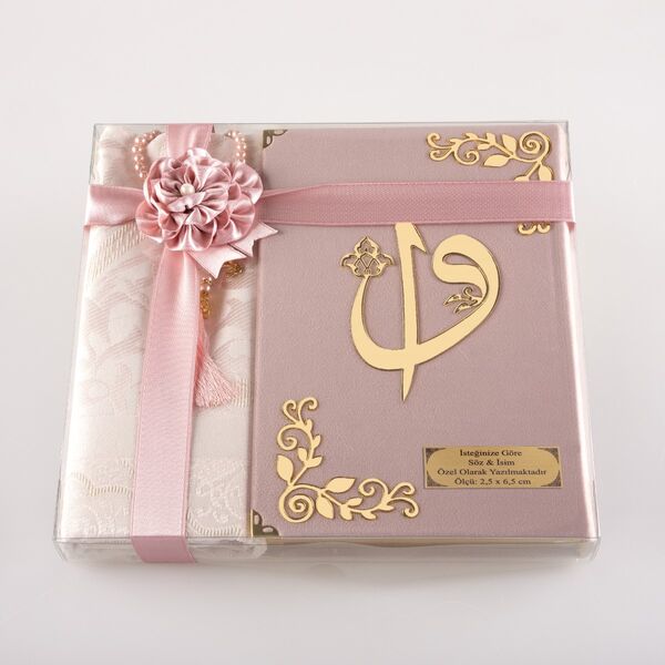Prayer Mat + Salah Beads + Velvet Bound Quran Gift Set (Medium Size, Powder Pink)