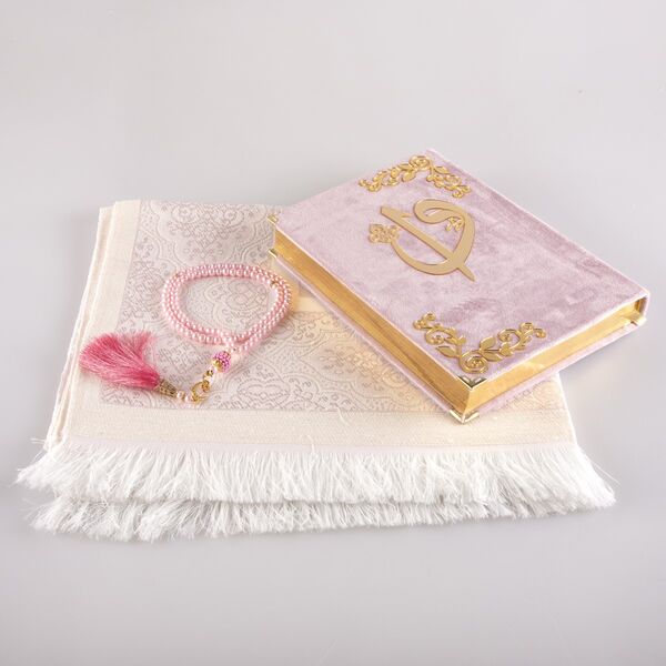 Prayer Mat + Salah Beads + Velvet Bound Quran Gift Set (Medium Size, Powder Pink)