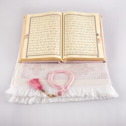 Prayer Mat + Salah Beads + Velvet Bound Quran Gift Set (Medium Size, Powder Pink) - Thumbnail