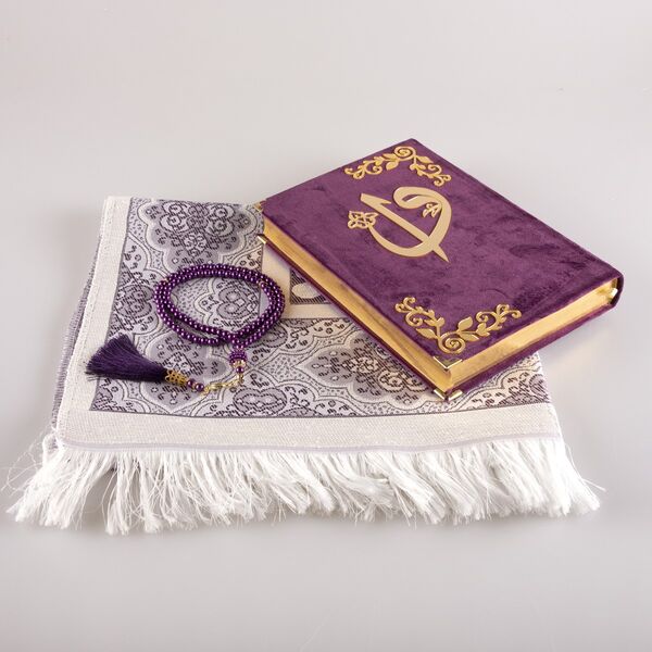Prayer Mat + Salah Beads + Velvet Bound Quran Gift Set (Medium Size, Purple)