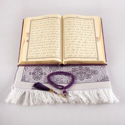 Prayer Mat + Salah Beads + Velvet Bound Quran Gift Set (Medium Size, Purple) - Thumbnail