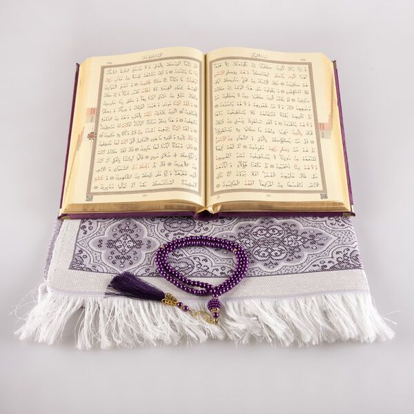 Prayer Mat + Salah Beads + Velvet Bound Quran Gift Set (Medium Size, Purple)