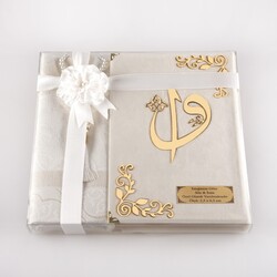 Prayer Mat + Salah Beads + Velvet Bound Quran Gift Set (Medium Size, White1) - Thumbnail