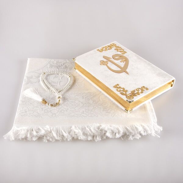 Prayer Mat + Salah Beads + Velvet Bound Quran Gift Set (Medium Size, White1)