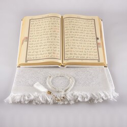 Prayer Mat + Salah Beads + Velvet Bound Quran Gift Set (Medium Size, White1) - Thumbnail