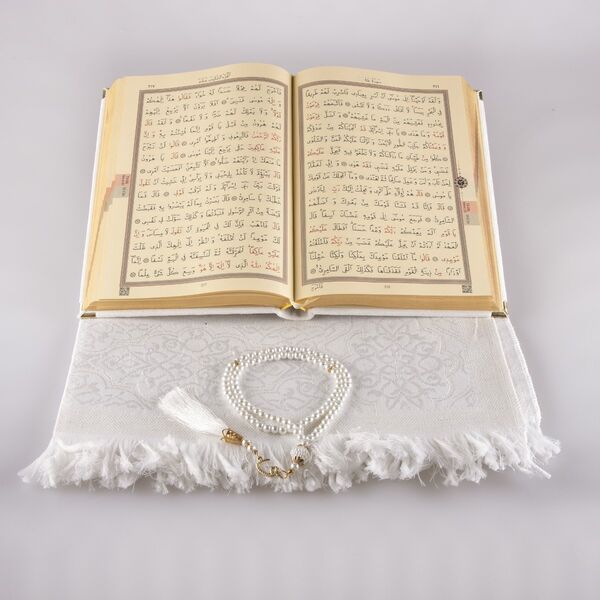 Prayer Mat + Salah Beads + Velvet Bound Quran Gift Set (Medium Size, White1)