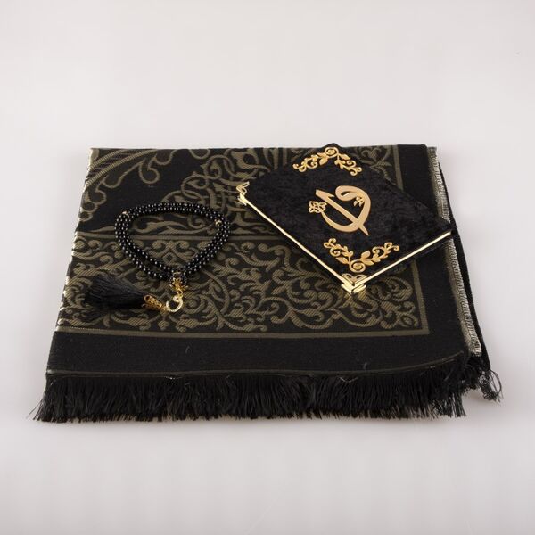 Prayer Mat + Salah Beads + Yasin Gift Set (Bag Size, Black)