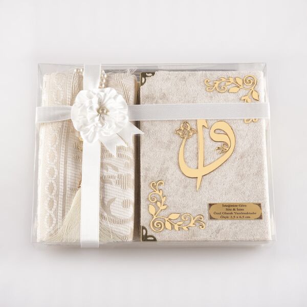 Prayer Mat + Salah Beads + Yasin Gift Set (Bag Size, Cream)