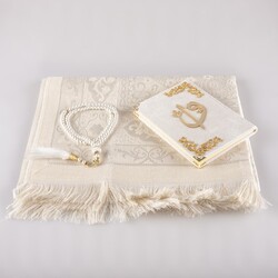 Prayer Mat + Salah Beads + Yasin Gift Set (Bag Size, Cream) - Thumbnail
