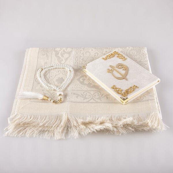 Prayer Mat + Salah Beads + Yasin Gift Set (Bag Size, Cream)