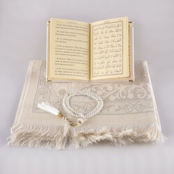 Prayer Mat + Salah Beads + Yasin Gift Set (Bag Size, Cream) - Thumbnail
