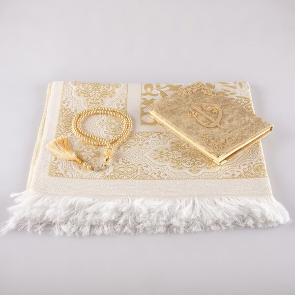 Prayer Mat + Salah Beads + Yasin Gift Set (Bag Size, Gold)