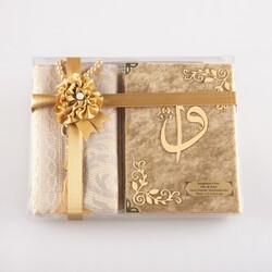 Prayer Mat + Salah Beads + Yasin Gift Set (Bag Size, Gold) - Thumbnail