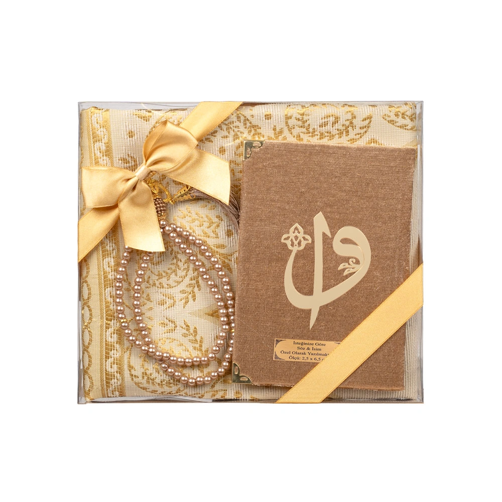 Prayer Mat + Salah Beads + Yasin Gift Set (Bag Size, Gold) - Thumbnail