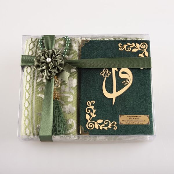 Prayer Mat + Salah Beads + Yasin Gift Set (Bag Size, Green)