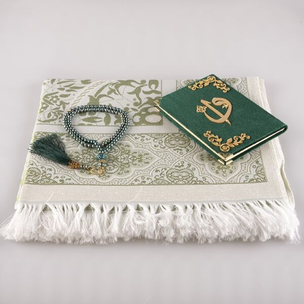 Prayer Mat + Salah Beads + Yasin Gift Set (Bag Size, Green)