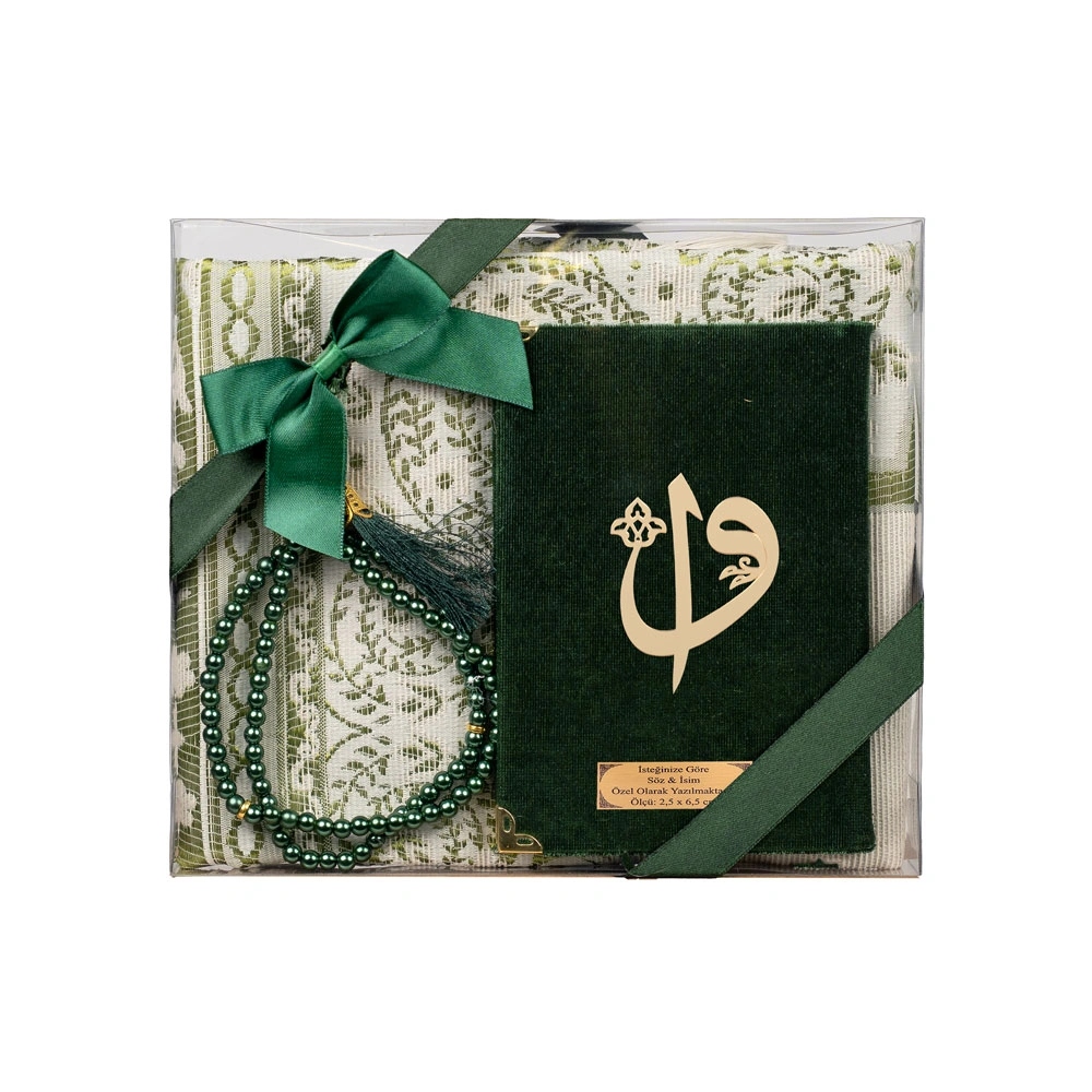 Prayer Mat + Salah Beads + Yasin Gift Set (Bag Size, Green)