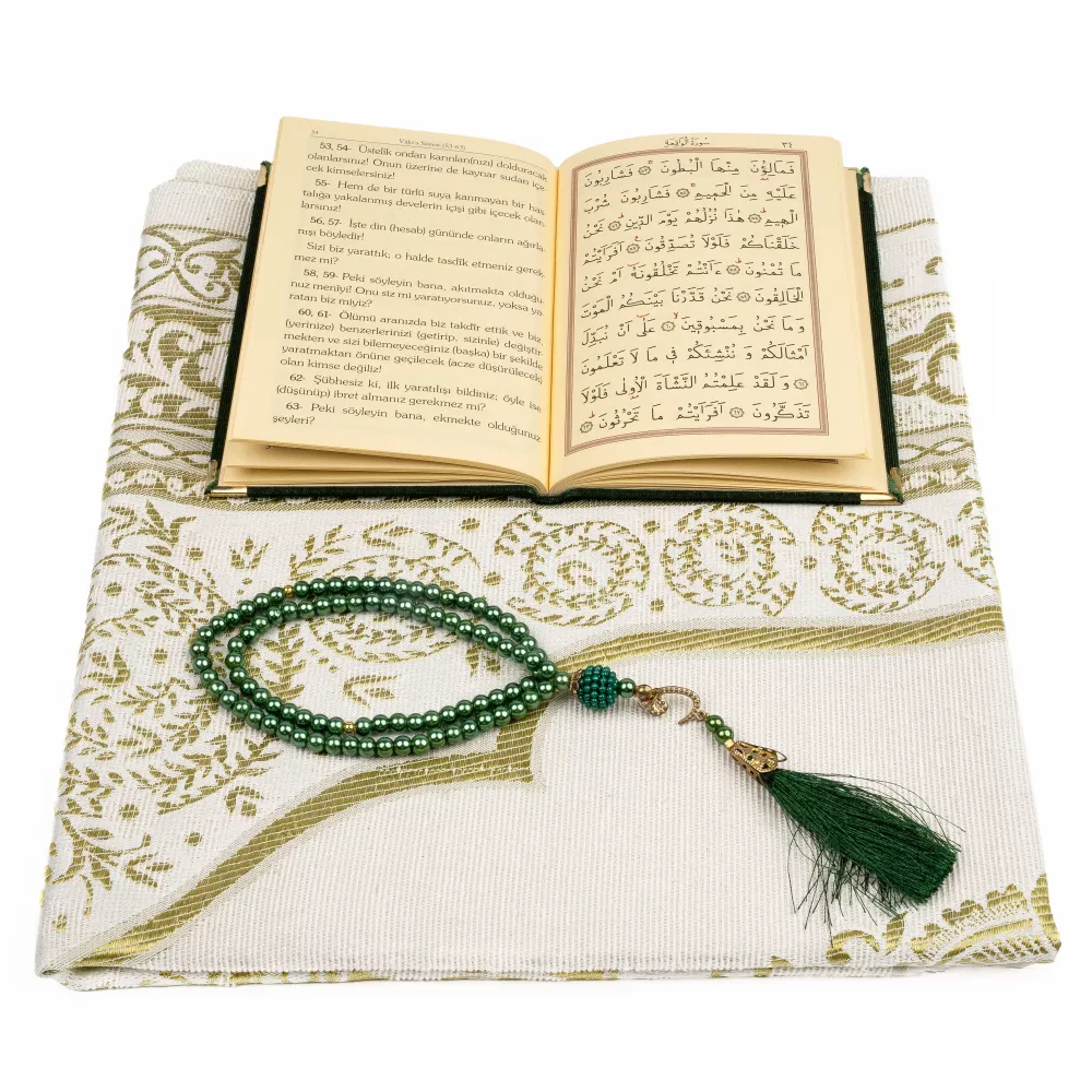 Prayer Mat + Salah Beads + Yasin Gift Set (Bag Size, Green) - Thumbnail
