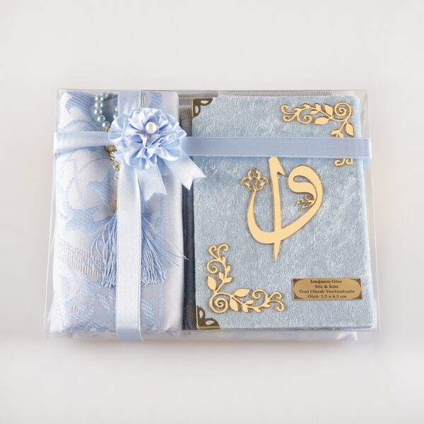 Prayer Mat + Salah Beads + Yasin Gift Set (Bag Size, Powder Blue)
