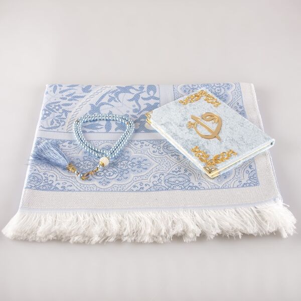 Prayer Mat + Salah Beads + Yasin Gift Set (Bag Size, Powder Blue)