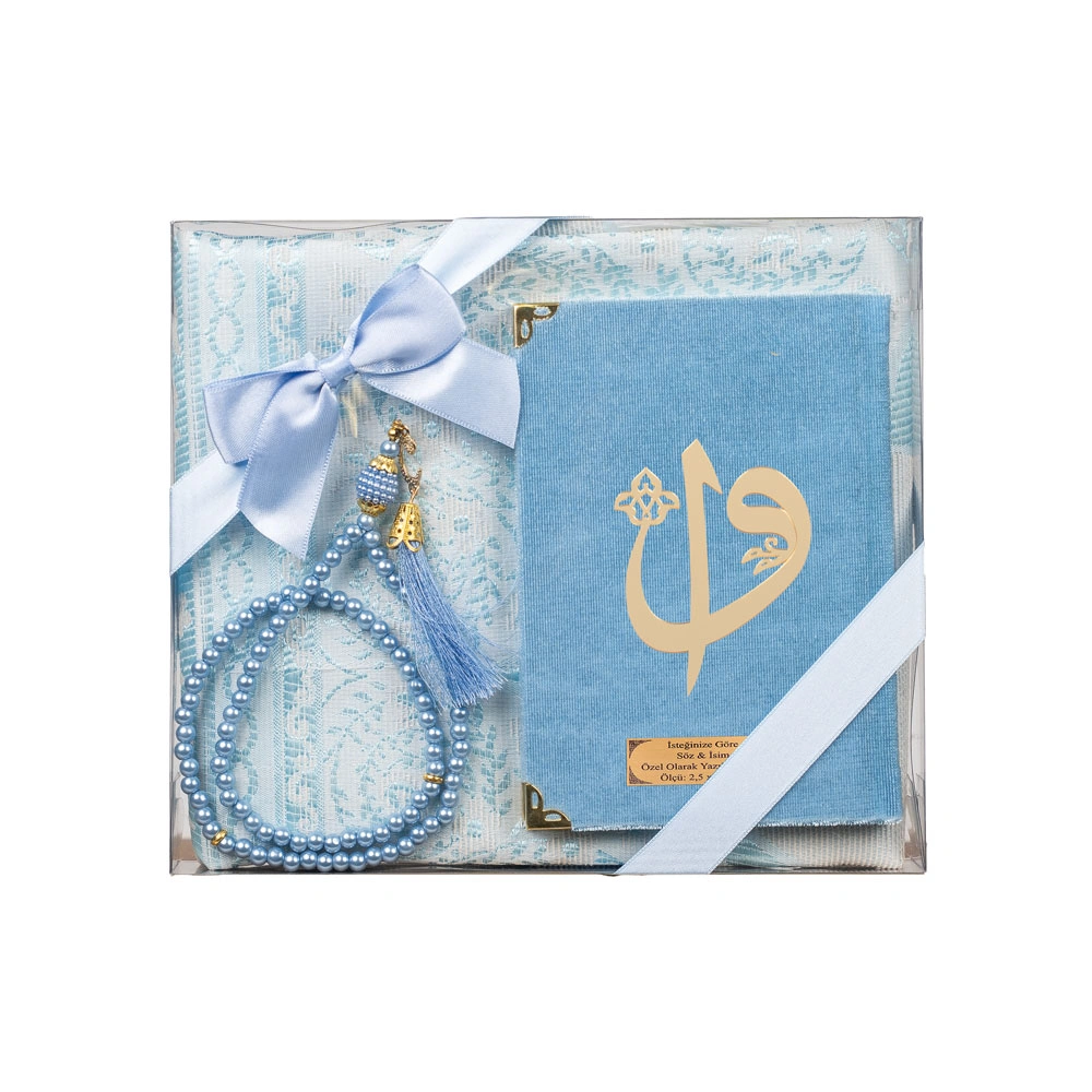 Prayer Mat + Salah Beads + Yasin Gift Set (Bag Size, Powder Blue)