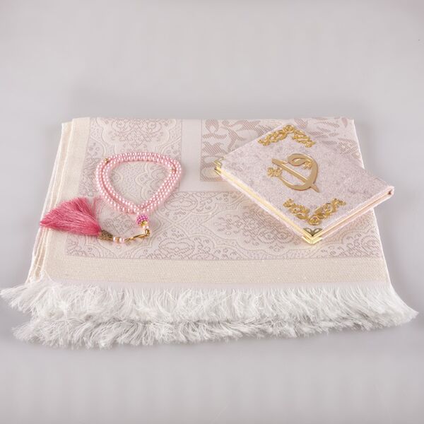 Prayer Mat + Salah Beads + Yasin Gift Set (Bag Size, Powder Pink)